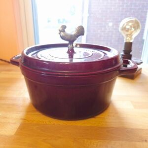 Staub Deep Red Cast Iron Dutch Oven with Rooster Knob